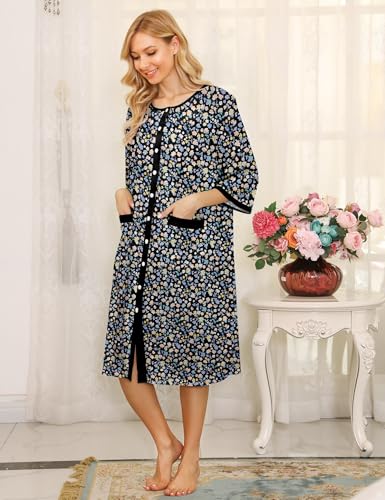Image of Bloggerlove House Dress Women Cotton Snap Front Nightgown 3 /4 Sleeve Housecoat Duster Robe with Pockets Moomoo Patio Dress