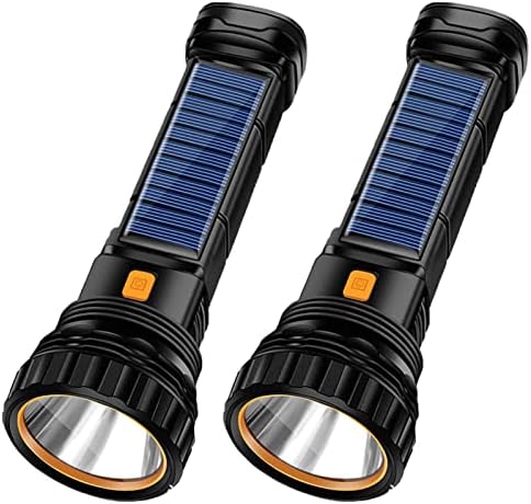 E-SHIDAI 2pcs Solar/Rechargeable Multi Function 1000 Lumens LED Flashlight, with Emergency Strobe Light and 1200 Mah Battery, Emergency Power Supply and USB Charging Cable, Fast Charging (2PC)