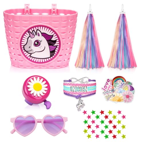 Suerico Kids Bike Basket for Girls,Handlebar Bicycle Basket with Bike Bell, Streamers, Stickers,Riding Sunglasses,Bike Decoration Accessories Set for Girls