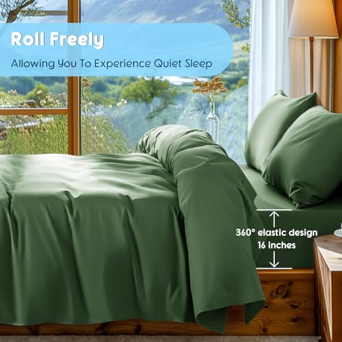 Image of SONORO KATE 1000 Series 100% Egyptian Cotton King Sheet Set,4 Pieces | Soft,Breathable Long Staple,Sateen Weave,Luxury 5-Star Hotel Bed Sheets,16 inch Deep Pocket,Olive Green