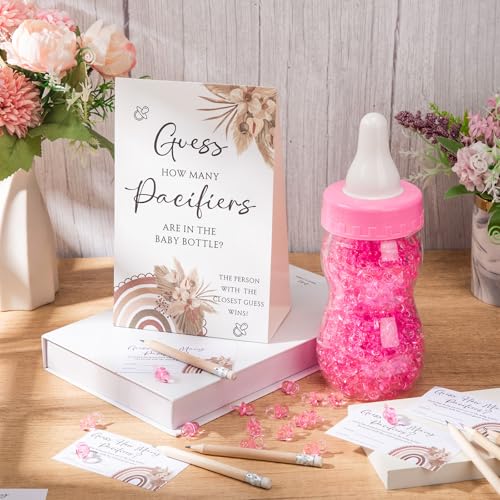 Image of Roowest 512 Pcs Baby Shower Games Guess How Many Pacifiers Sign 100 Small Guessing Games 10 HB Pencils 750ml Milk Bottle 400 Acrylic Pacifiers Decoration for Guest Gender Reveal(Pink,Sunshine)