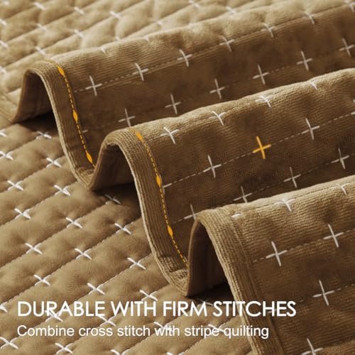 Powdion Velvet Quilt Queen, Oversized Bedspread Quilted Bedding Set, Luxurious Soft Coverlet Set Lightweight Velvet Comforter with 2 Pillow Shams, Gold Caramel, Cross Stitch Striped Quilt Queen