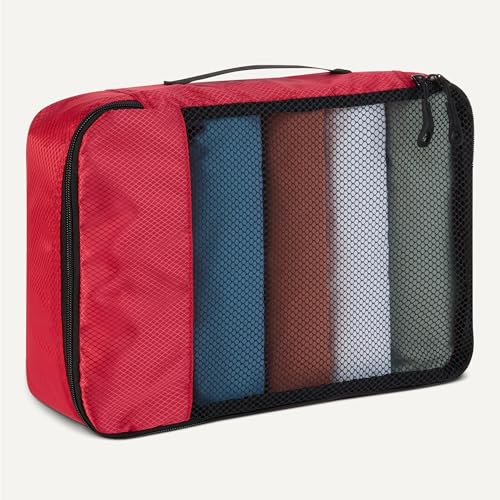 Image of Amazon Essentials 4-Piece Packing Cubes Travel Accessories Set, Luggage Organizer, Double Zipper, Mesh Top, Space-Saving Suitcase Organizer, Small /Medium /Large /Slim, Red (Previously Amazon Basics)