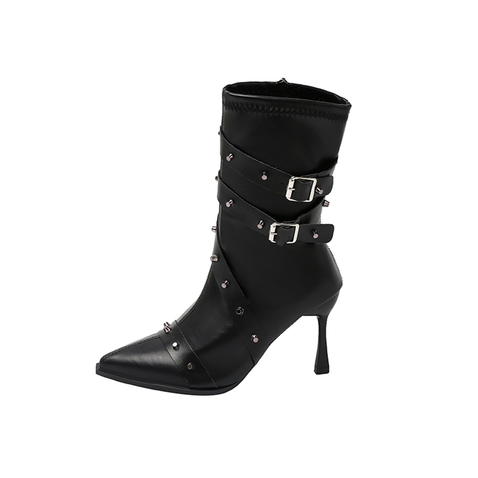Womens Ankle Boot Sexy Pointed Toe Heel Stiletto Boots Beaded Buckle Rivets Zipper Punk Goth Fall Winter Shoes