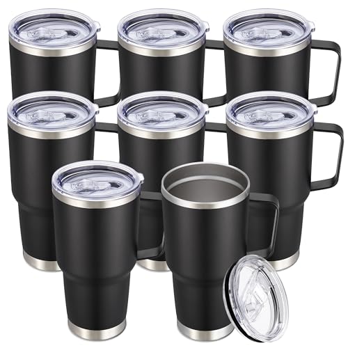 Image of 30 oz Stainless Steel Tumblers Bulk with Handle and Lid, 8 Pack | Powder Coated, Double Wall Vacuum Insulated, Leak Proof Lid, Keep Drinks Cold and Hot, for office, party, camping, Black