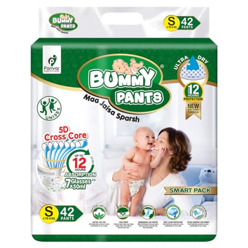 Image of BUMMY PANTS Baby Diapers - Soft & Comfortable with 5D Cross Core Technology, 360 Soft Elastic Waistband & Up to 12-Hour Absorption | S | Pack of 1 | 42 Pieces