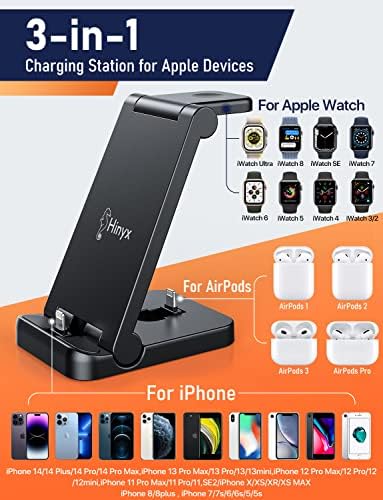 Hinyx 3 in 1 Fast Charging Station for Apple Devices, Foldable Charging Stand Compatible with Apple Watch Series 8 7 6 SE 5 4 3 2 & Airpods iPhone 14 13 12 11 Pro X Max XS XR 8, with QC3.0 Adapter