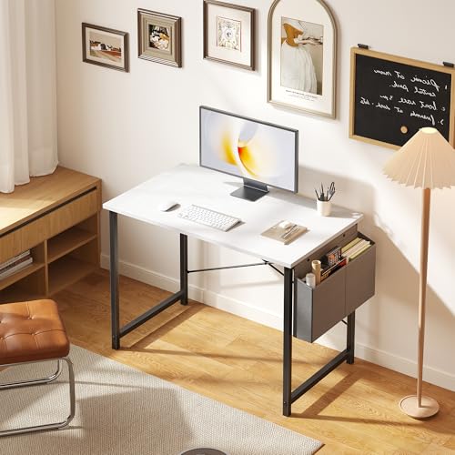 Image of OLIXIS Small Computer Desk, 31 Inch Gaming Desks for Home Office | Writing Study Craft Work Table, Computer Workstation for Bedroom Small Spaces with Storage Bag, White