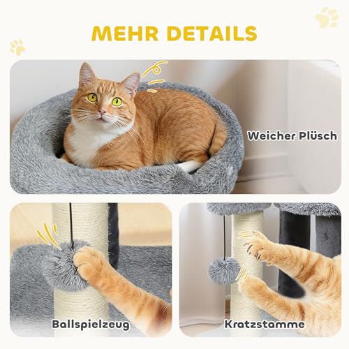 PawHut Katzentreppe 3-stufige Haustiertreppe mit Bett Ball Hundetreppe Tiertreppe für Katzen bis 5 kg Plüsch Grau 60 x 40 x 56 cm