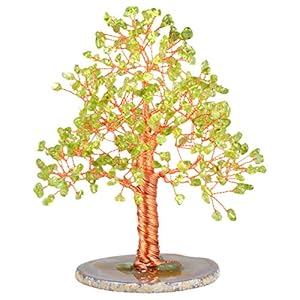 15cm Grüner Peridot Kristallbaum auf Achat-Scheibe, Drahtbaum Deko Reiki | Edelstein-Baum