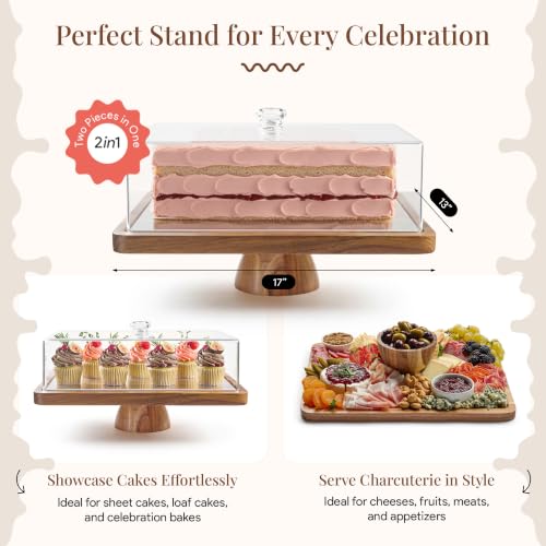 Image of HOMESPHERE Acacia Wood Cake Stand with Lid, 2-in-1 Charcuterie Board, 17x13
