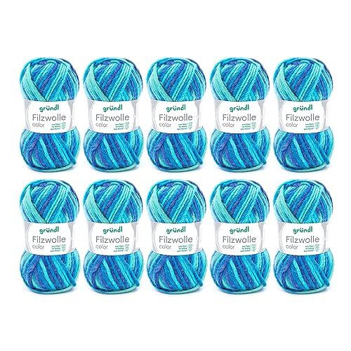 Gründl Wolle Filzwolle color - Dicke Wolle zum Filzen in der Waschmaschine - Strickgarn zum Filzen - Weich und hautfreundlich - 100% Schurwolle - 10 Knäuel 50 g /50 m -Nadelstärke 8-9 - aqua