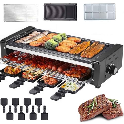 Electric Indoor Smokeless Grill with Nonstick Natural Stone Surface & 8 Raclette Pans, Portable Detachable BBQ Griddle for Cheese Dishes, Cooking Parties, Grilling, Baking