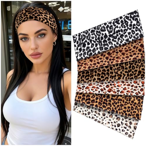 Zkptops 6Pcs Headbands for Women Girls Non Slip Leopard Trendy Cheetah Wide Headbands Fashion Elastic Soft Cotton Fabri Hair Bands Stretchy Head Accessories for Daily Workout Sport Yoga Running