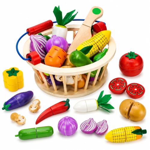 Image of Wooden Magnetic Vegetable Cutting Toys for Kids 3+ Years, Pretend Play Kitchen Food Set with Basket & Wooden Knife, Montessori Learning Toy, Educational Gift for Boys & Girls