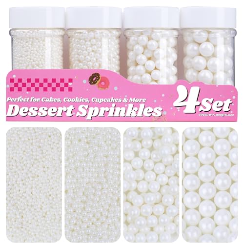 White Pearl Sprinkles For Cake Decorating, 11.3 Oz Edible Pearls Sugar Large Capacity 4 Jars Set For Baking Cookie Ice Cream Cupcake Topping
