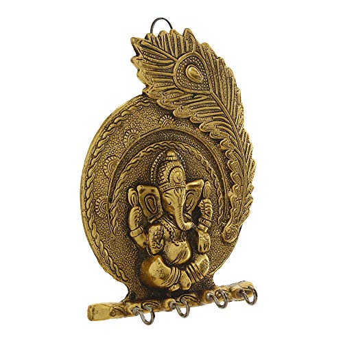 Image of eCraftIndia Golden Metal Lord Ganesha & Peacock Feather Decorative Key Holder for Wall with 4 Key Hooks | Wall Key Holder for Home Decor | Gift for Diwali Housewarming | Diwali Gift for Family Friend