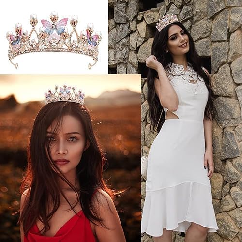 Image of Crystal Tiara Crown Pearl Princess Costume Crown Headband Flower Pageant Handmade Hair Accessories Cosplay,Birthday,Celebration for Girl Women