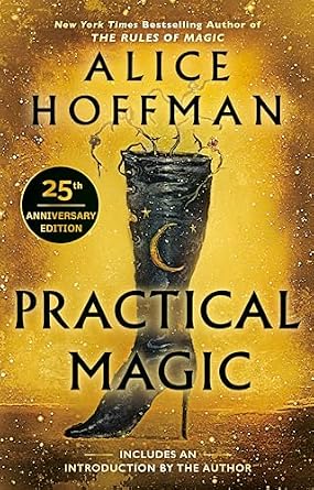 Practical Magic by Alice Hoffman, a fiction book cover featuring a black heeled boot with a gold moon and stars subtly carved in against a gold sparkly background.