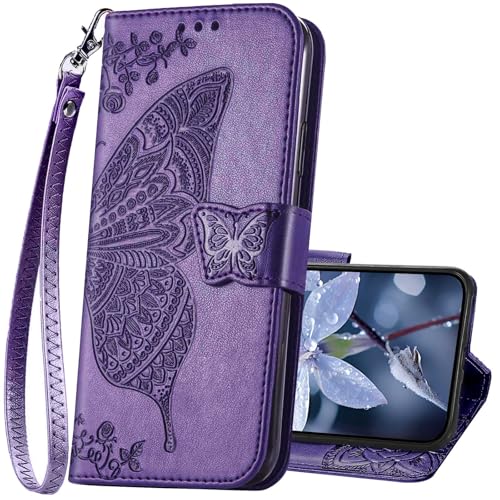 KRHGEIK for iPhone 17 Wallet Case for Women,Butterfly Embossed Flip Folio PU Leather Stand Card Holder Slots Phone Protective Cover 6.3