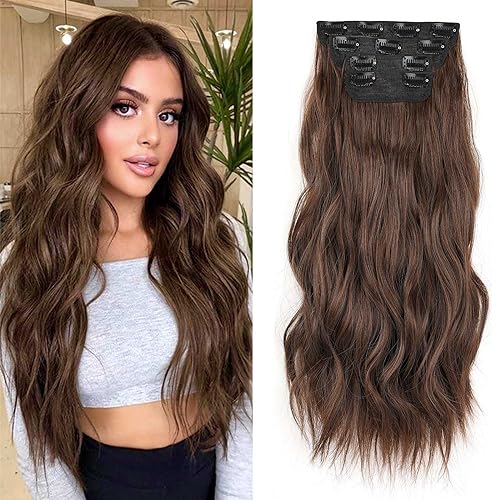 Xtrend 20Inch Wavy Dark Brown Clip-in Hair Extensions - 4PCS Full Head Set, Thick Curly Wavy Synthetic Pieces for Women & Girls (9#)