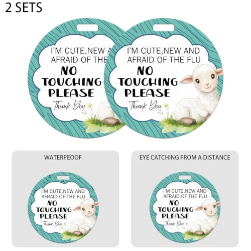 Image of 2 Pack Cute sheep No Touching Signs Textures Style Stop No Touching Safety Sign for Family PVC Seat Signs-Stroller Tag with Hanging Strap and Clip for Car Accessories 5 Inches