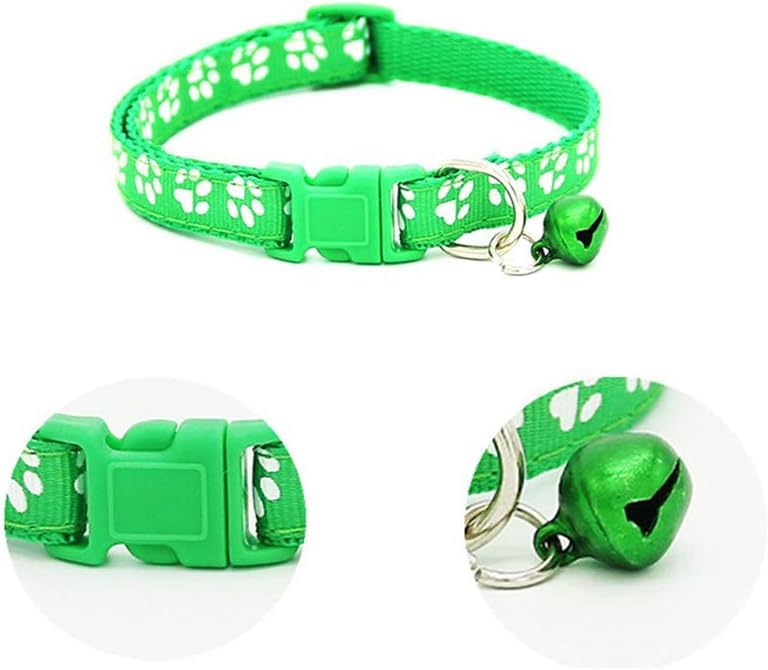 Image of Footprint Cat Collar with Bell Basic Dog Cat Collar I Buckle Adjustable Polyester Cat Dog Collar I with Bell 10 MM (Green Color)