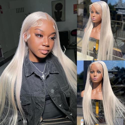 Image of Ash Blonde Lace Front Wigs Human Hair 13X4 UHD Transparent Wigs Lace Front Breathable Hair Pre Plucked Pre Cut 180% Density With Baby Hair for Women 26 Inch Straight Ash Blonde Human Hair Wig