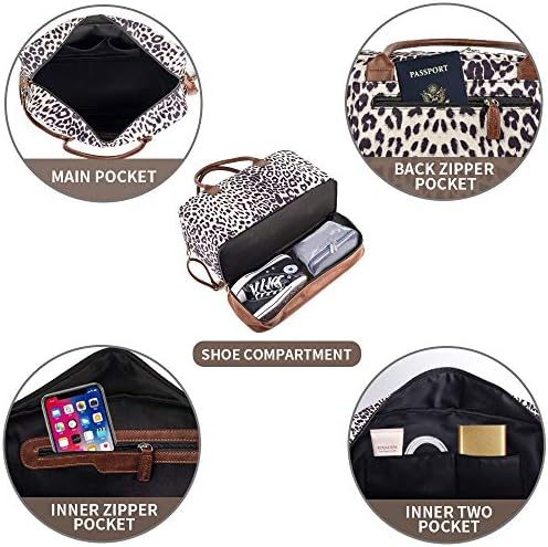 Women Canvas Travel Weekender Overnight Carry-on Duffel Bag with Shoe Compartment(Leopard) 5 Women Canvas Travel Weekender Overnight Carry-on Duffel Bag with Shoe Compartment(Leopard)