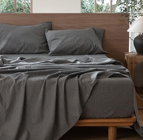 Image of MooMee Bedding Sheet Set 100% Washed Cotton Linen Like Textured Breathable Durable Soft Comfy (Heathered Dark Grey, California King)