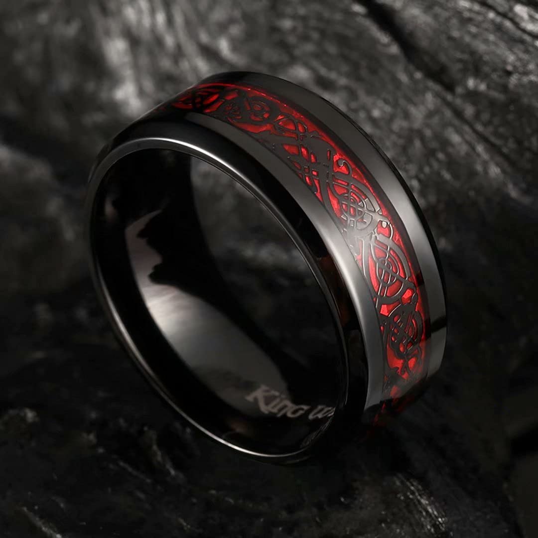 DRAGON - Anillo de acero inoxidable de titanio con dragón celta para hombre, color azul, negro, verde, rojo, fibra de carbono, luminou, brillante, dragón celta, titanio, anillo de acero 2