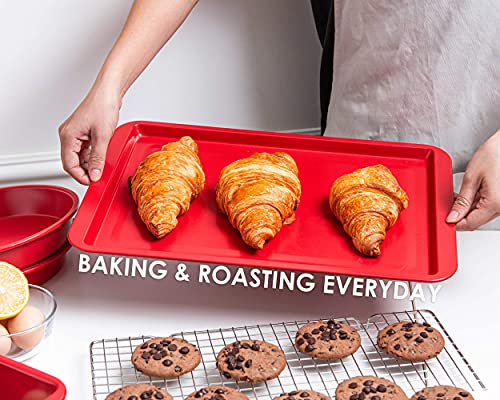 Rorence Nonstick Steel Bakeware Set: Cookie Sheet, Rectangular Cake Pan, 2 Round Cake Pans, Muffin Pan, Loaf Pan & Cooling Rack - Set Of 7 - Red #TOP4