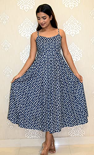 Image of JAIPUR HAND BLOCK Cotton Sleeveless Long Flared A Line Dress|Gown (S00063)