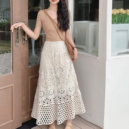 Women Vintage Hollow Out Crochet Knit Flower A Line Skirt Elastic High Waist Embroidery Beach Vacation Long Skirt3