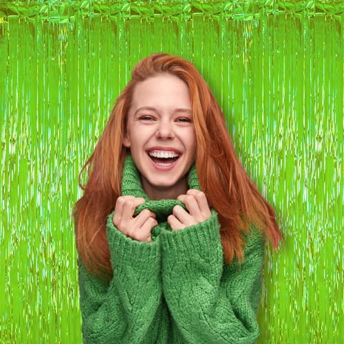 Image of Voircoloria 2 Pack Green Iridescent Tinsel Foil Fringe Curtains, Neon Party Decorations, Metallic Tinsel Party Streamers Backdrop for Birthday Baby Shower Halloween Wedding Party Decorations