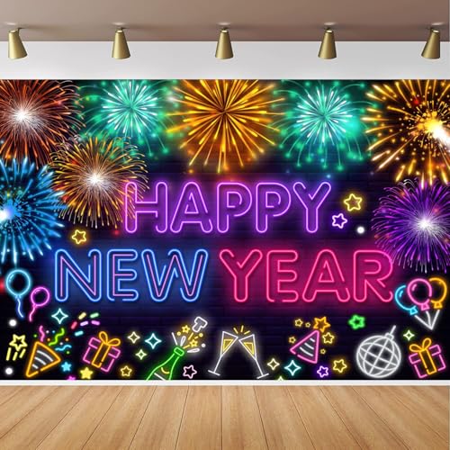 CapiSco Neon Happy New Year Backdrop for New Years Eve Party Decorations, Glow in The Dark with Light Neon Fireworks Background for Photography, 2025 Happy New Year Supplies Banner 7x5ft