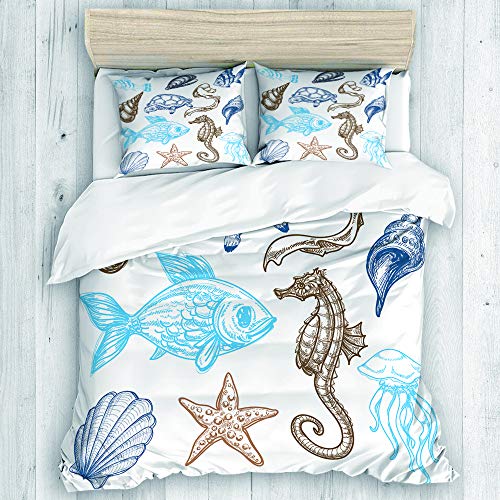 MOTINE Duvet Cover Sheet Set,Marine Life Drawing,Soft Microfiber Bedding Set-3 Piece Set,Queen
