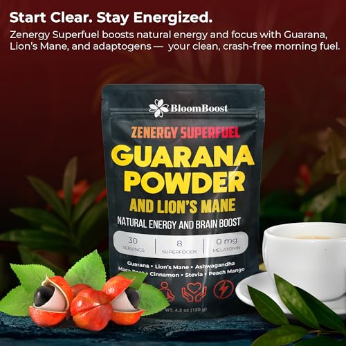 Image of BloomBoost Guarana Powder 1,000mg Per Serv - Lion's Mane, Ashwagandha, Maca,... Natural Caffeine Energizer, Brazilian Herbal Extract, Bulk Superfood, Vegan Friendly, & Non-GMO - 4.2oz (30 Servings)