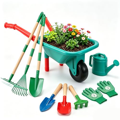 Image of CUTE STONE Kids Gardening Set with Wheelbarrow, Kids Shovel and Rake Set | Dual-length Gardening Tools( Wood Handles & Metal Heads), Watering Can, Gloves for Backyard Outdoor Summer Play