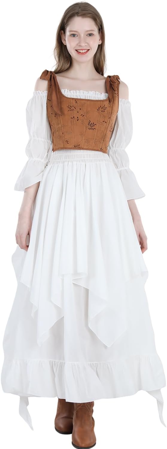 CR ROLECOS Women's Brown Renaissance Corset Top Vintage Lace Up Floral Overbust Bustier Bodice L - Image 2