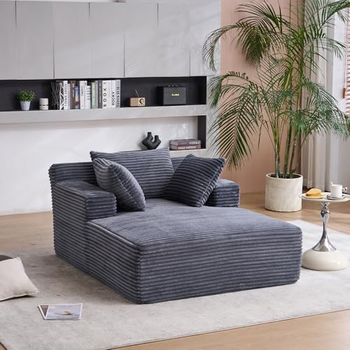Image of Oversized Chaise Longue Chair Indoor, Upholstered Corduroy Deep Seat Sofa Bed with Throw Pillows and Armrests, Sleeper Sofa Couch for Living Room, Bedroom Apartment EL973