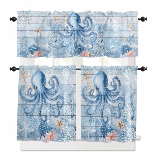 Blue Coastal Octopus Kitchen Curtains 36 Inch Length,3 Piece Rod Pocket Small Half Tiers and Valance Set,Beach Ocean Nautical Starfish Coral Small Large Window Treatment Decor for Bedroom/Bathroom