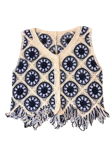 Verdusa Women's Boho Graphic Print Crochet Sweater Vest Button Up Fringe Lightweight Cardigans