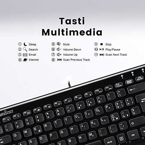 Perixx PERIBOARD-407 Mini Tastiera USB con Cavo, Tipo Chiclet, Ultra Sottile e Portatile, Nero, Layout Italiano