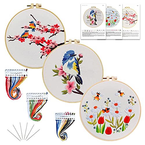 Yutaohui 3 Sets Birds Embroidery Kit with 1 Embroidery Hoop, Birds, Bee, Flower Embroidery Kits for Beginners, Bird Embroidery Kit for Adults, Starter.