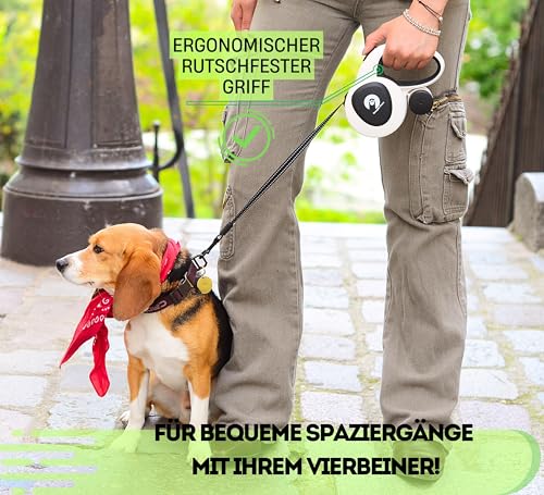 Snuggle Paws Hundeleine 5m Ausziehbar – Alles-in-Einem: Verbesserter LED-Lampe, Kotbeutelspender, Anti-Kau-Stahlseil & Reflektierendem Gurtband | Rollleine für Große Hunde bis 50kg