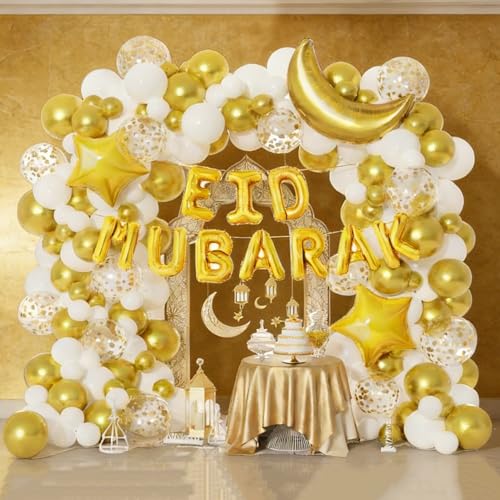 Image of Eid Mubarak Decorations, Ramadan Decorations for Home, 131Pcs White Gold Confetti Balloons Arch Garland Kit with Eid Mubarak Moon Star Foil Balloons for Eid al-Fitr Party