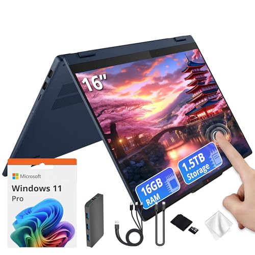 Lenovo IdeaPad 5 16 WUXGA Touch 2-in-1 Laptop AMD Ryzen AI 7 350 AMD Radeon 860M 16GB LPDDR5X 1.5TB Storage (512GB SSD&1TB Docking) Backlit Keyboard FHD IR Camera Wi-Fi 7 Win 11 Pro Blue