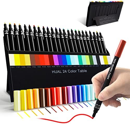 HUAL 24-Colors Acrylic Paint Pens for Rock Paintings, Wood, Ceramics, Glass, Metal, Canvas, Fabric, DIY Craft Making Supplies, Waterborne Acrylic Paint Markers Pen Set Fine Point Pens