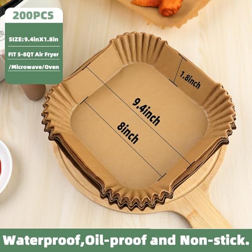 Image of Air Fryer Liners Disposable, LYHOLKEER 200PCS 8 inch Square Parchment Paper, Non-Stick & Oil-Proof, Unbleached, Fits Ninja AF141 5 QT AF181 6.5QT, Cosori, Chefman, Instant Pot 6 QT, Other 5-8QT Air Fryers
